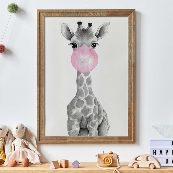 Giraffe Bubblegum, Giraffe Nursery Decor, Animals Blowing Bubble Gum, Whimsical Safari Animal Nursery Decor, Printable Nursery Animal Art