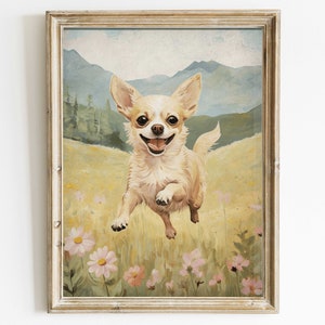 Chihuahua Print, Vintage Hundeportrait, laufender Hund Portrait, Hunde und Blumen, druckbare Kunst für Chihuahua-Liebhaber & -Besitzer