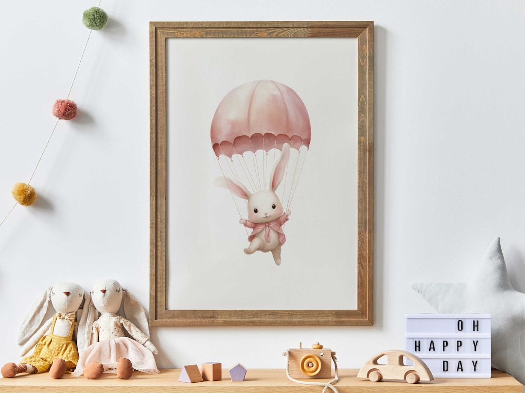 Cute Bunny Nursery Art Print, Bunny in Parachute, Pink Hot Air Balloon ...