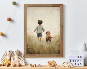 Stampa per la cameretta con cuccioli, Arte con cani e bambini, Decorazione murale vintage per la cameretta, Amante dei cani, Arredamento per la stanza dei ragazzi, Decorazione stampabile con cani per bambini