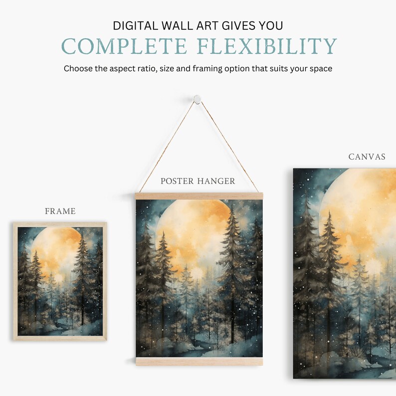 May include: A digital wall art print of a watercolor painting of a moonlit forest scene. The moon is a bright yellow and orange color, and the trees are dark green. The background is a dark blue with white stars. The image is shown in three different framing options: a frame, a poster hanger, and a canvas.