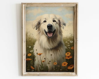 Great Pyrenees Art Print, Great Pyrenees Painting, Vintage Dog Decor, Dog Portrait Painting, Great Pyrenees Owner Gift, PRINTABLE Dog Art