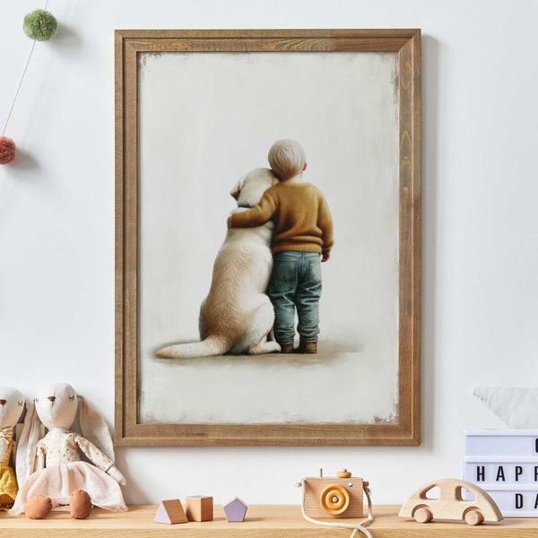 Yellow Labrador Retriever Nursery Decor, Boy and Dog Art Print, Dog Nursery Decor, Toddler Decor Boy, Puppy Nursery Print,Printable Kids Art