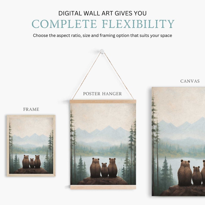 May include: Three brown bears sitting on a rock overlooking a lake and mountains in a misty forest. The image is a digital wall art print that can be framed, hung with a poster hanger, or printed on canvas.