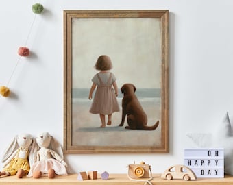 Stampa per cameretta del Labrador Retriever, stampa artistica con bambina e cane, decorazione per cameretta del cane, stampa murale con Labrador marrone, stampa artistica per cameretta del cucciolo, decorazione stampabile per cani