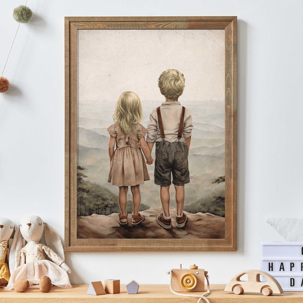 Siblings Wall Art, Adventure Toddler Decor, Boy & Girl Print, Brother and Sister Room Decor, Siblings Portrait, PRINTABLE Kids Room Art