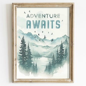 Adventure Awaits Print, Hiking & Camping Quote, Nursery or Kids Room Decor, Inspirational Saying, PRINTABLE Vintage Watercolor Art,