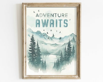 Adventure Awaits Print, Hiking & Camping Quote, Nursery or Kids Room Decor, Inspirational Saying, PRINTABLE Vintage Watercolor Art,