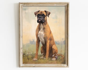 May include: A framed painting of a brown and white boxer dog sitting in a field of green grass and white flowers. The dog is looking to the left of the image.