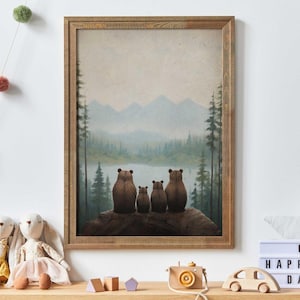 Bear Family Print, Bear Nursery Art, Family of Four, Forest Animals, Woodland Nursery Prints, Toddler Room Decor, Printable Family Wall Art
