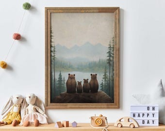 Bear Family Print, Bear Nursery Art, Family of Four, Forest Animals, Woodland Nursery Prints, Toddler Room Decor, Printable Family Wall Art