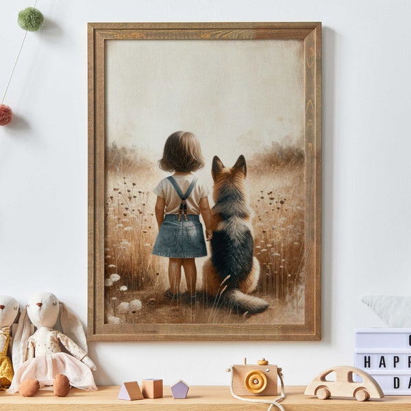 German Shepherd Nursery Print, Dog Nursery Decor, GSD Painting, Girl & Dog Art, Girls Room Dog Decor, Toddler Room Decor,PRINTABLE Dog Decor