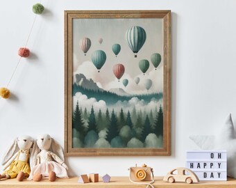 Hot Air Balloon Nursery Decor, Vintage Nursery Wall Art, Nostalgic Vintage Pastel Art, Hot Air Balloon Print, Adventure Wall Art for Kids