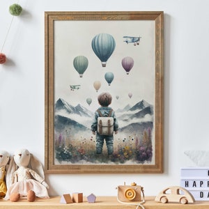 Boy Adventure Nursery Decor, Hot Air Balloons & Airplanes, Mountain Nursery Print, Adventure Awaits, Boys Room Decor, Printable Art for Boys