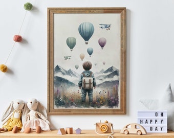 Boy Adventure Nursery Decor, Hot Air Balloons & Airplanes, Mountain Nursery Print, Adventure Awaits, Boys Room Decor, Printable Art for Boys