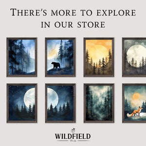 May include: Set of eight watercolor paintings featuring a forest scene with a moon, stars, and a bear or fox. The paintings are framed in a rustic wood frame. The text "THERE'S MORE TO EXPLORE IN OUR STORE" is at the top of the image.