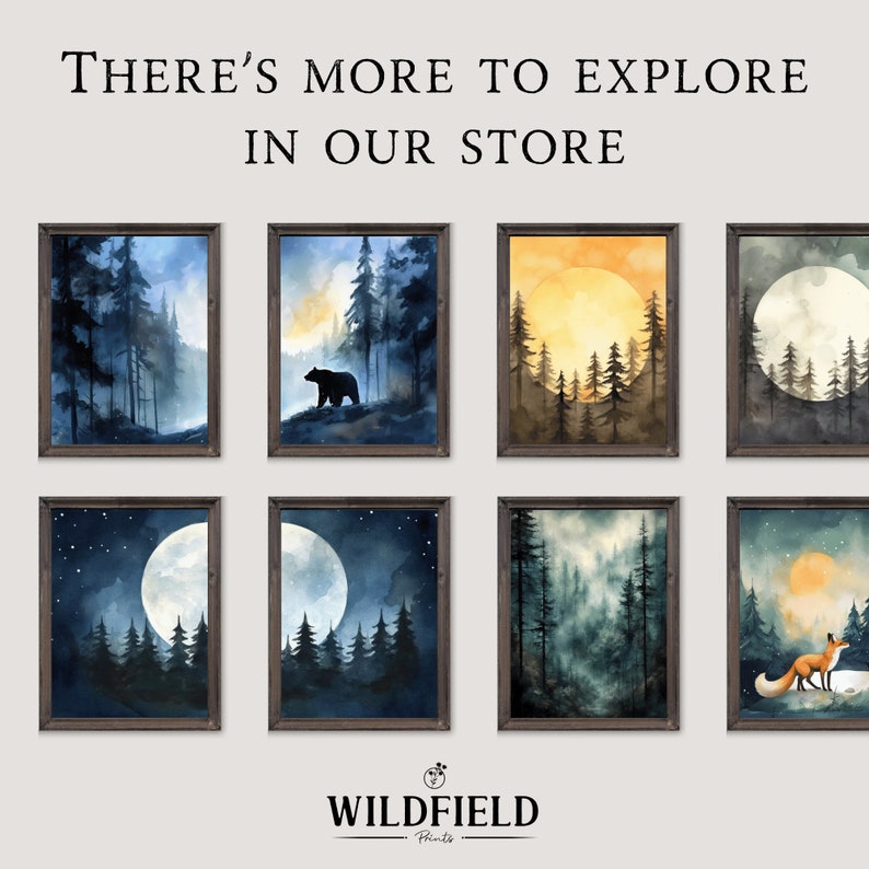 May include: Set of eight watercolor paintings featuring a forest scene with a moon, stars, and a bear or fox. The paintings are framed in a rustic wood frame. The text "THERE'S MORE TO EXPLORE IN OUR STORE" is at the top of the image.