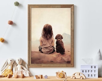 犬と女の子の保育園アート、子犬のスケッチ、犬のヴィンテージポスター