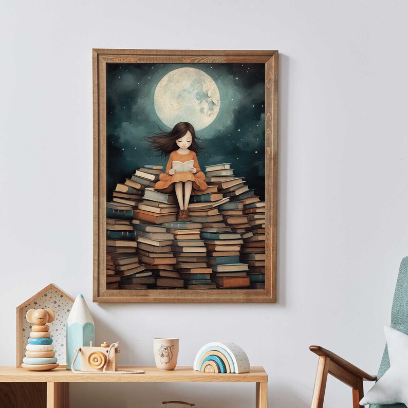 May include: A framed illustration of a girl sitting on a pile of books, reading a book under a full moon. The girl is wearing a brown dress and has long brown hair. The background is a dark blue sky with stars.