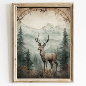 May include: A watercolor painting of a deer standing in a forest with mountains in the background. The deer is brown and white with large antlers. The forest is green and the mountains are blue and white.
