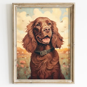 Vintage Cocker Spaniel Art, Spaniel Painting, Dogs and Flowers, Happy Dog Print, Dog Lover&#39;s Gift, Dog Decor, Printable Dog Art