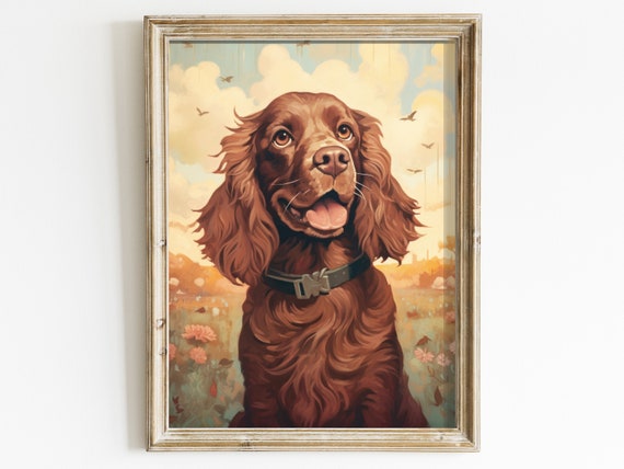 Vintage Cocker Spaniel Art Spaniel Painting Dogs and Flowers Happy Dog Print Dog Lover s Gift Dog Decor Digital Printable Dog Art Etsy