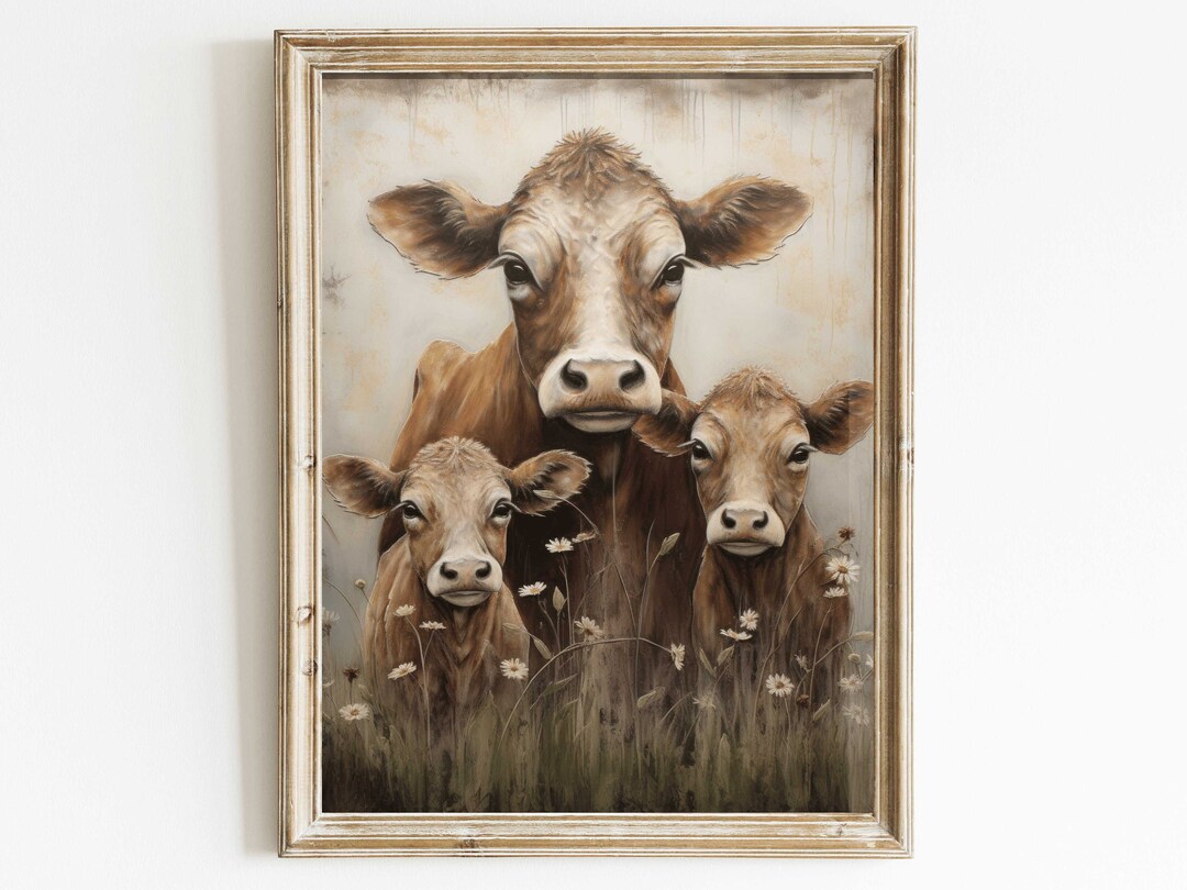 Cow Wall Art, Vintage Farm Animal Print, Rustic Farmhouse Home Decor