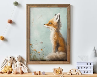 Fox Nursery Decor, Kids Room Animal Decor, Baby Fox Print, Red Fox Wall Art, Vintage Nursery Art, Bedroom or Playroom Art,PRINTABLE Kids Art