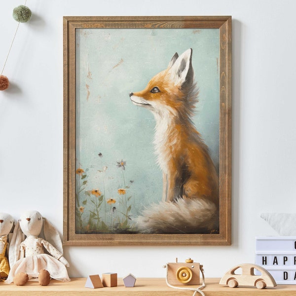 Fox Nursery Decor, Kids Room Animal Decor, Baby Fox Print, Red Fox Wall Art, Vintage Nursery Art, Bedroom or Playroom Art,PRINTABLE Kids Art