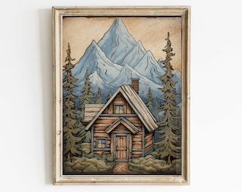 Rustic Mountain Cabin Print, Forest and Mountain Landscape Wall Art, Cozy Cottage Art Print, Vintage Nature Print, Printable Art