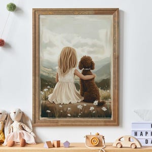 Pode incluir: Uma pintura de uma menina com cabelo comprido e loiro sentada em uma colina gramada com um cachorro marrom. A menina está vestindo um vestido branco e o cachorro está olhando para a vista. O fundo é uma pintura de uma cordilheira com um céu azul e nuvens brancas.