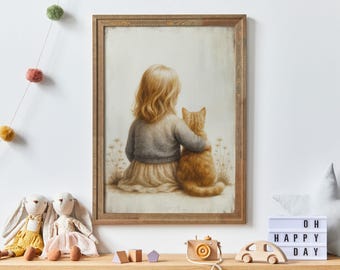 Orange Cat Nursery, Girl and Cat Print, Girls Cat Decor, Young Girl Room Wall Art