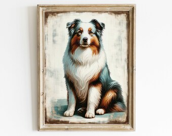 Australian Shepherd Art Print, Australian Shepherd Painting, Vintage Dog Art, Dog Portrait, Australian Shepherd Owner Gift,PRINTABLE Dog Art