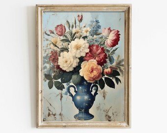 Rustic French Country Style Floral Art, Flower Bouquet Vase, Vintage Flower Painting, Farmhouse Decor, Printable Country Home Decor
