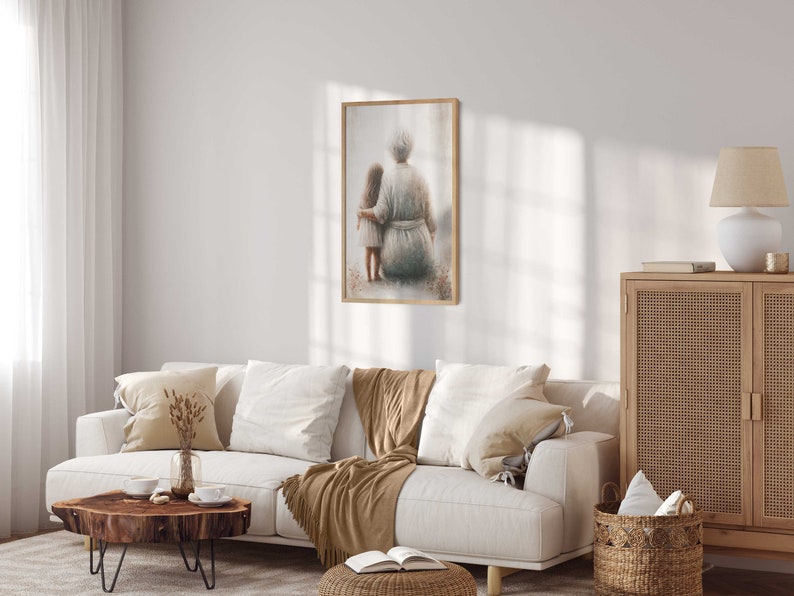 May include: A framed watercolor painting of an older woman and a young girl sitting together. The woman has gray hair and is wearing a long, flowing dress. The girl has long brown hair and is wearing a white dress. The painting is set against a soft, muted background.