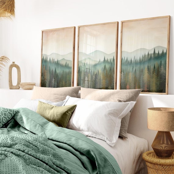 Forest & Mountain Prints, Forest Wall Decor, Fall Forest, Green Forest Print, Autumn Forest Painting, Set of 3, Printable Nature Wall Decor
