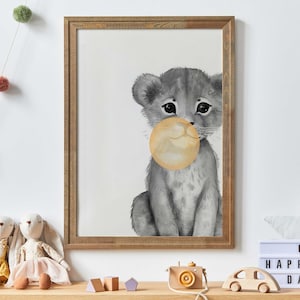 Lion Bubblegum, Lion Nursery Decor, Animals Blowing Bubble Gum, Whimsical Safari Animal Nursery Decor, Printable Nursery Animal Art