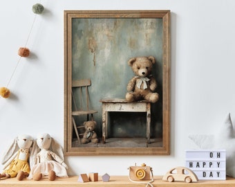 May include: A framed print of a vintage-style photograph featuring two teddy bears. The larger bear is sitting on a small wooden table with a distressed finish. The smaller bear is sitting on a wooden chair. The background is a faded blue wall with a distressed texture.