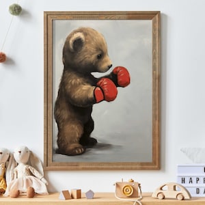 Cool Boys Room Wall Art, Bear Cub Boxer, Vintage Kids Room Decor, Unique Boys Bedroom, Nursery or Playroom Print, Printable Toddler Decor