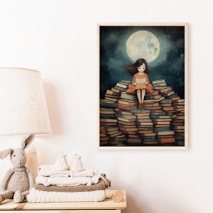 May include: A girl sits on a large stack of books, reading a book under a full moon. The sky is dark blue with white clouds and stars.