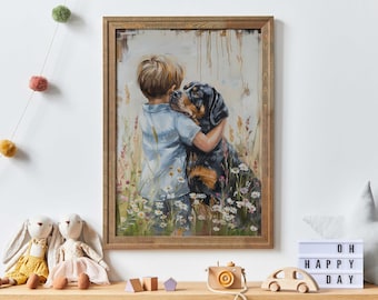 Rottweiler Nursery Art, Boy & Dog Art Print, Rottweiler Art Print, Pet Wall Art, Rottie Print, Rottweiler Baby Gift, Printable Dog Decor