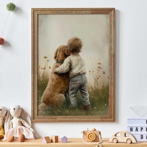 Golden Retriever Nursery Decor, Boy & Golden Retriever Painting, Dog Print Nursery, Toddler Room Art, Puppy Nursery Print, Printable Dog Kid
