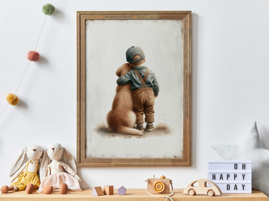 Golden Retriever Nursery Decor, Boy and Dog Art Print, Dog Print