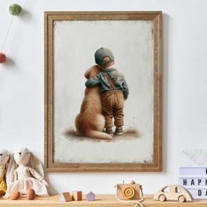 Dekoracje do pokoju dziecięcego z golden retrieverem, grafika z chłopcem i psem, grafika z psem, dekoracja pokoju dziecięcego ze zwierzętami, dekoracja dla małego chłopca, grafika ze szczeniakiem, drukowane grafiki dla dzieci
