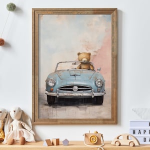 Boys Car Decor, Cool Nursery Room or Boys Bedroom Animal Decor, Printable Vintage Nursery Wall Art for Boy, Bear Driving Sports Car