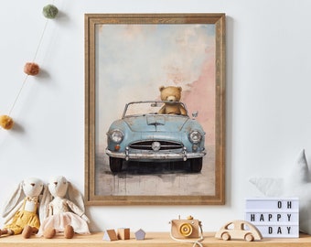 Boys Car Decor, Cool Nursery Room or Boys Bedroom Animal Decor, Printable Vintage Nursery Wall Art for Boy, Bear Driving Sports Car