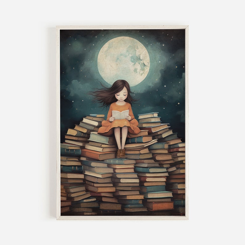 May include: A girl sits on a large stack of books, reading a book under a full moon in a starry night sky.