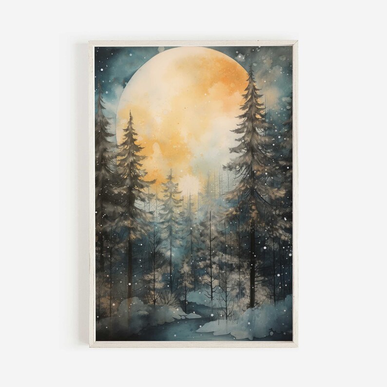 May include: A watercolor painting of a snowy forest scene with a large, yellow moon in the background. The trees are silhouetted against the moon, and there is a light dusting of snow on the ground.