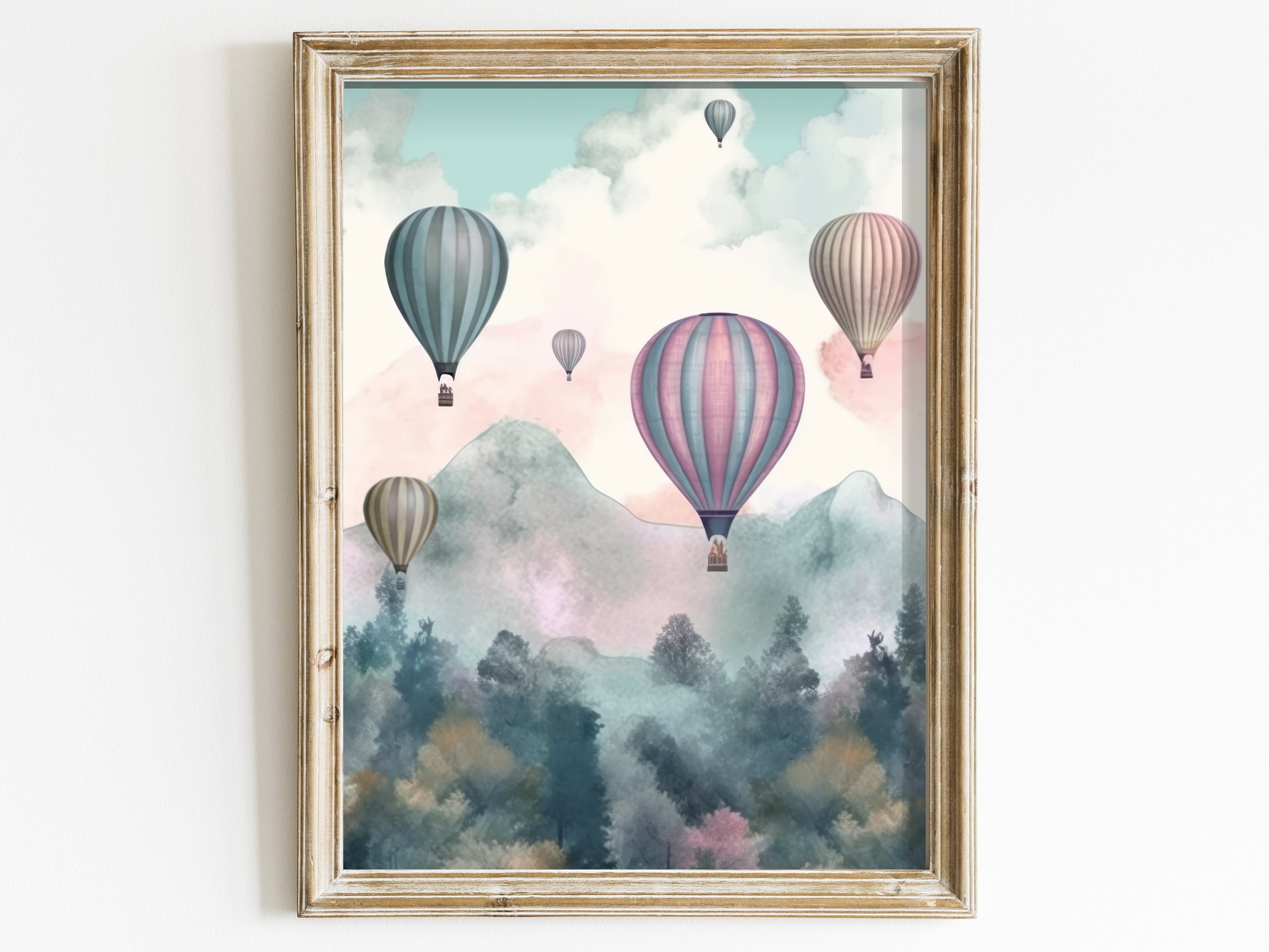 Vintage Hot Air Balloon Decor, Printable Nursery or Living Room Wall Art, Nostalgic Vintage Pastel Wall Art, Forest Landscape Print