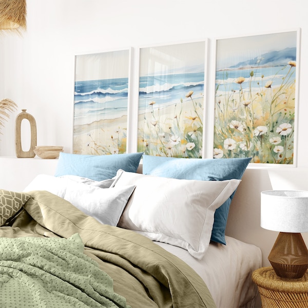 Coastal Wall Art, Seaside Watercolor Landscape Painting, Beach & Summer House Decor, Bedroom Wall Decor, Digital Printable Art, Set of 3